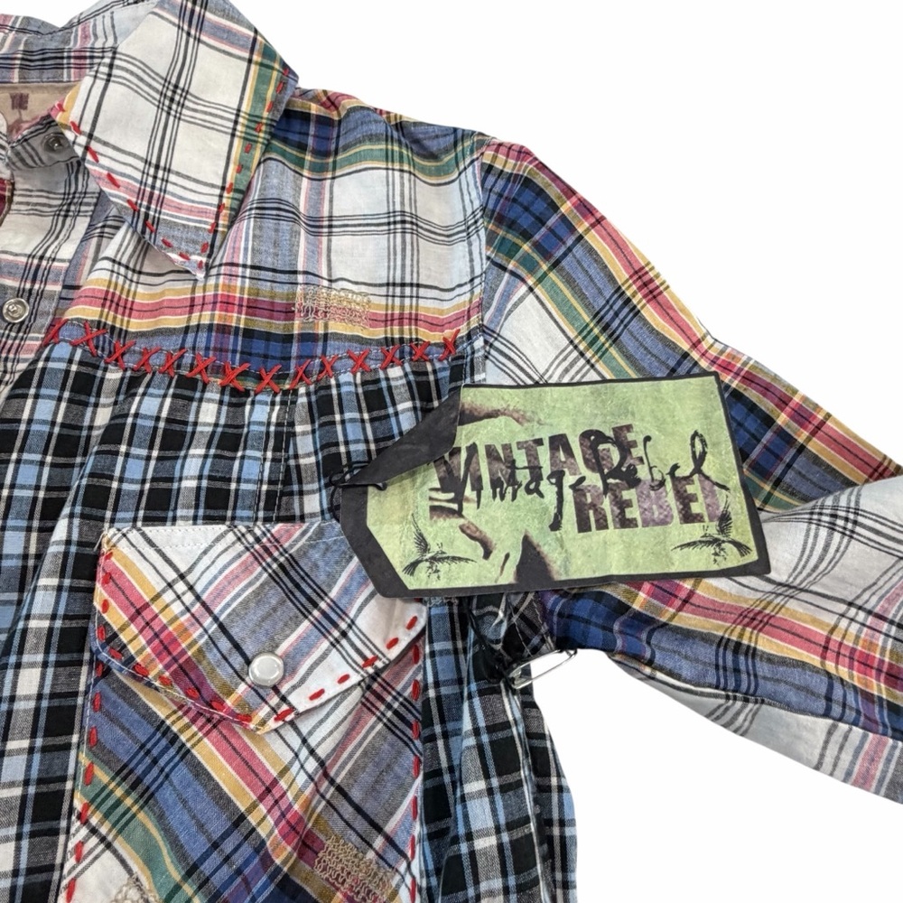 Vintage Rebel Ranch Wear Multicolor Plaid Button‎ Snap Shirt, XS - Picture 8 of 8